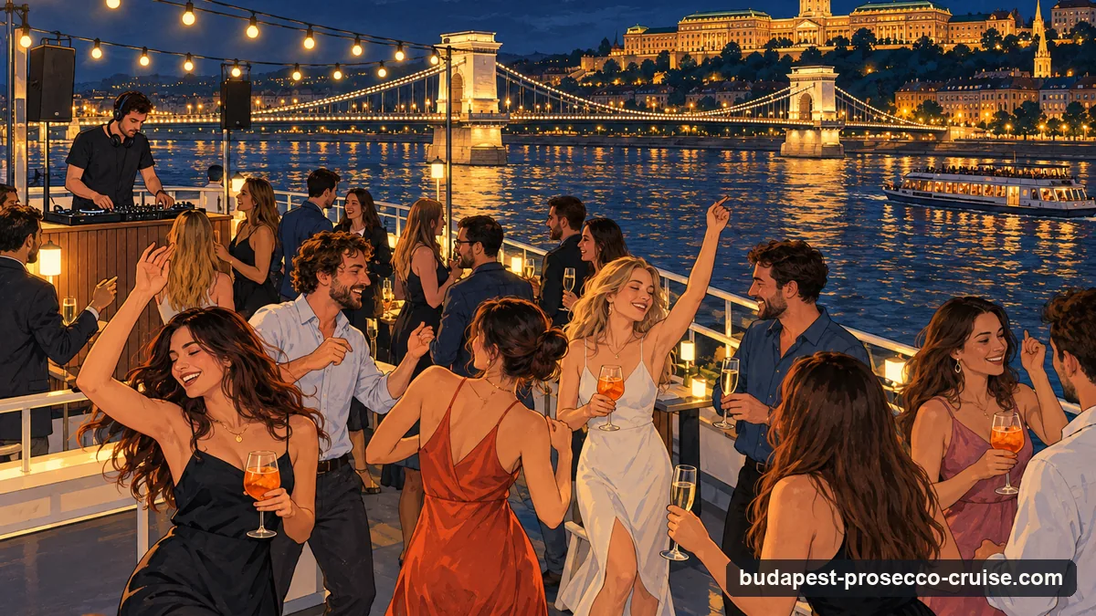 Illustration: young adults dancing under string lights on the open upper deck of a river boat at night, a lit suspension bridge with stone arch towers and a domed hilltop palace behind them across the dark Danube