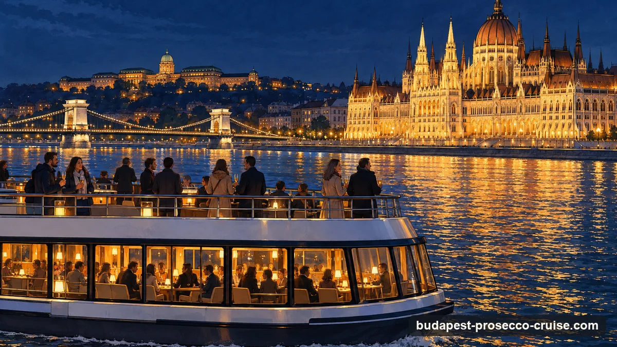 Illustration: a river cruise boat with an open upper deck on the Danube after dark, a huge white neo-Gothic parliament with a central dome lit gold on the bank behind it, guests holding glasses of sparkling wine at the railing