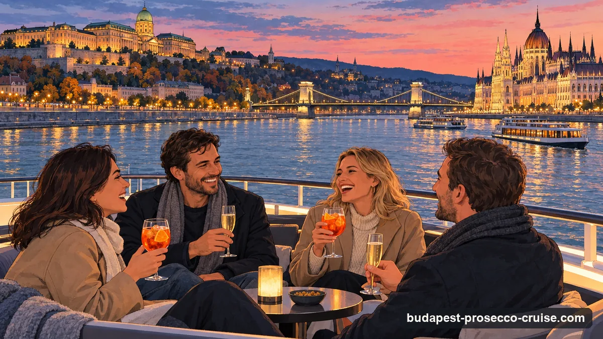 Illustration: a small group of friends in autumn jackets laughing on the open upper deck of a river boat at dusk, glasses of sparkling wine and orange spritz in hand, the Danube and a long domed palace on the hill behind them