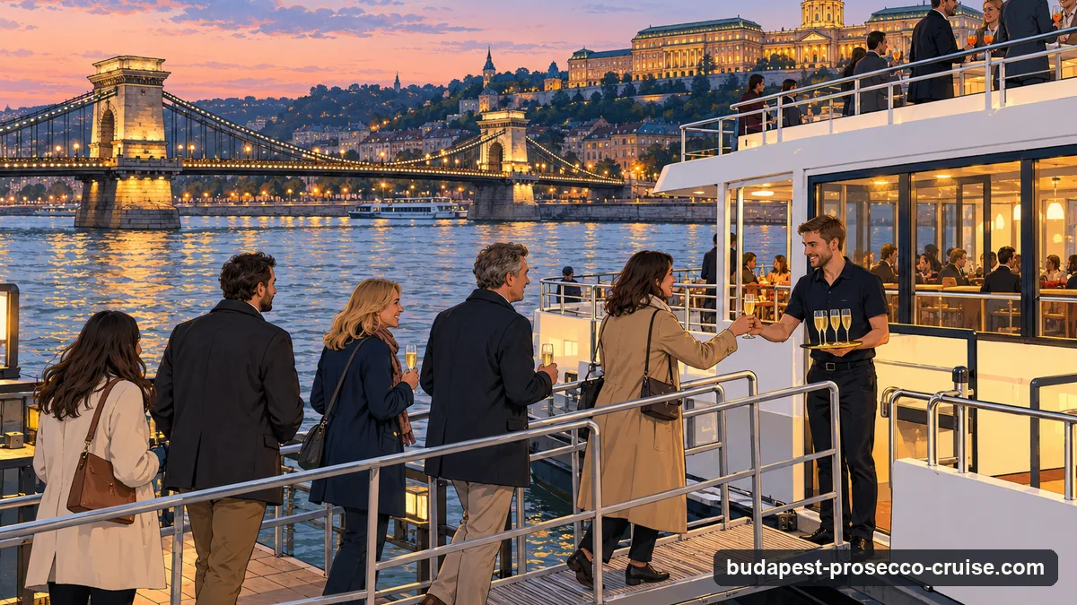 Illustration: guests stepping from a floating pontoon onto a white river cruise boat on the Pest embankment of the Danube in the early evening, a crew member handing out flutes of sparkling wine, the Chain Bridge's stone towers behind