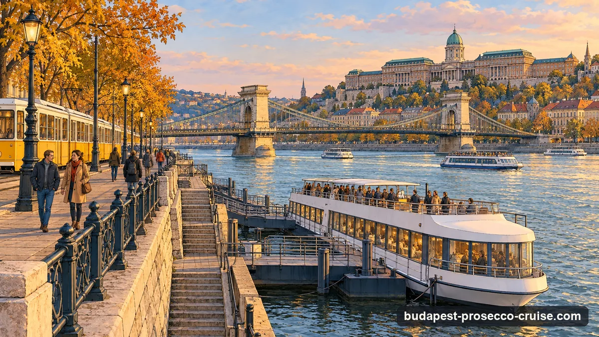 Illustration: a yellow city tram running along the Pest embankment of the Danube in the late afternoon, steps leading down to floating boat pontoons on the river, the Chain Bridge and the domed palace on the Buda hill across the water