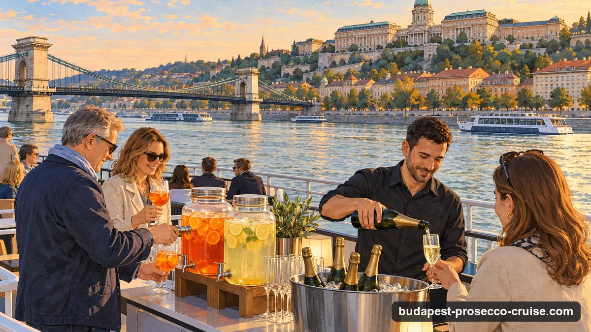Illustration: guests holding flutes of sparkling wine and orange spritz glasses at a self-service drinks counter on the upper deck of a river boat, the Danube and a domed hilltop palace behind them in late-afternoon light